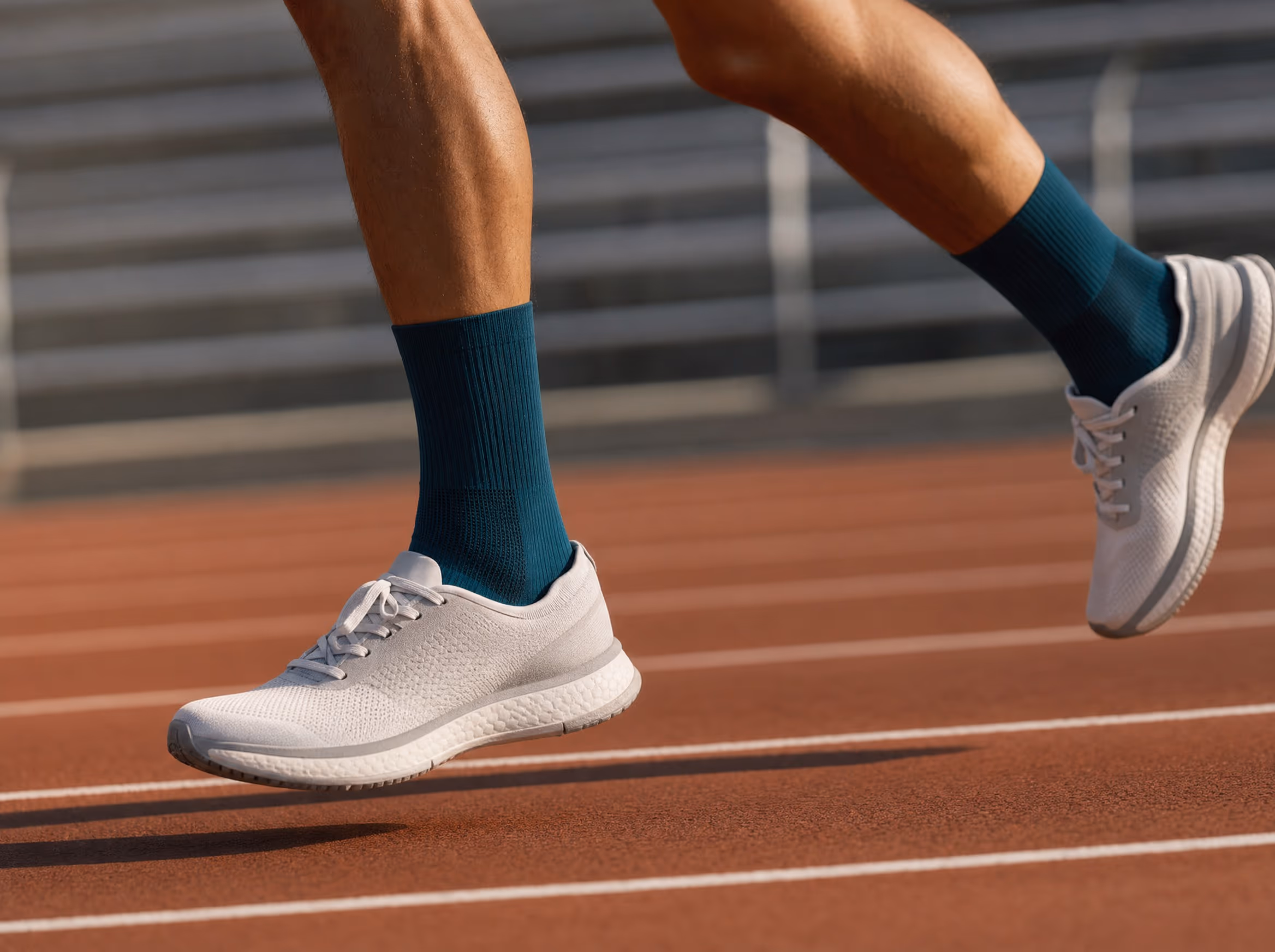 A runner's lower legs mid-stride on a track, wearing deep-teal cushioned athletic crew socks with plain unbranded running shoes