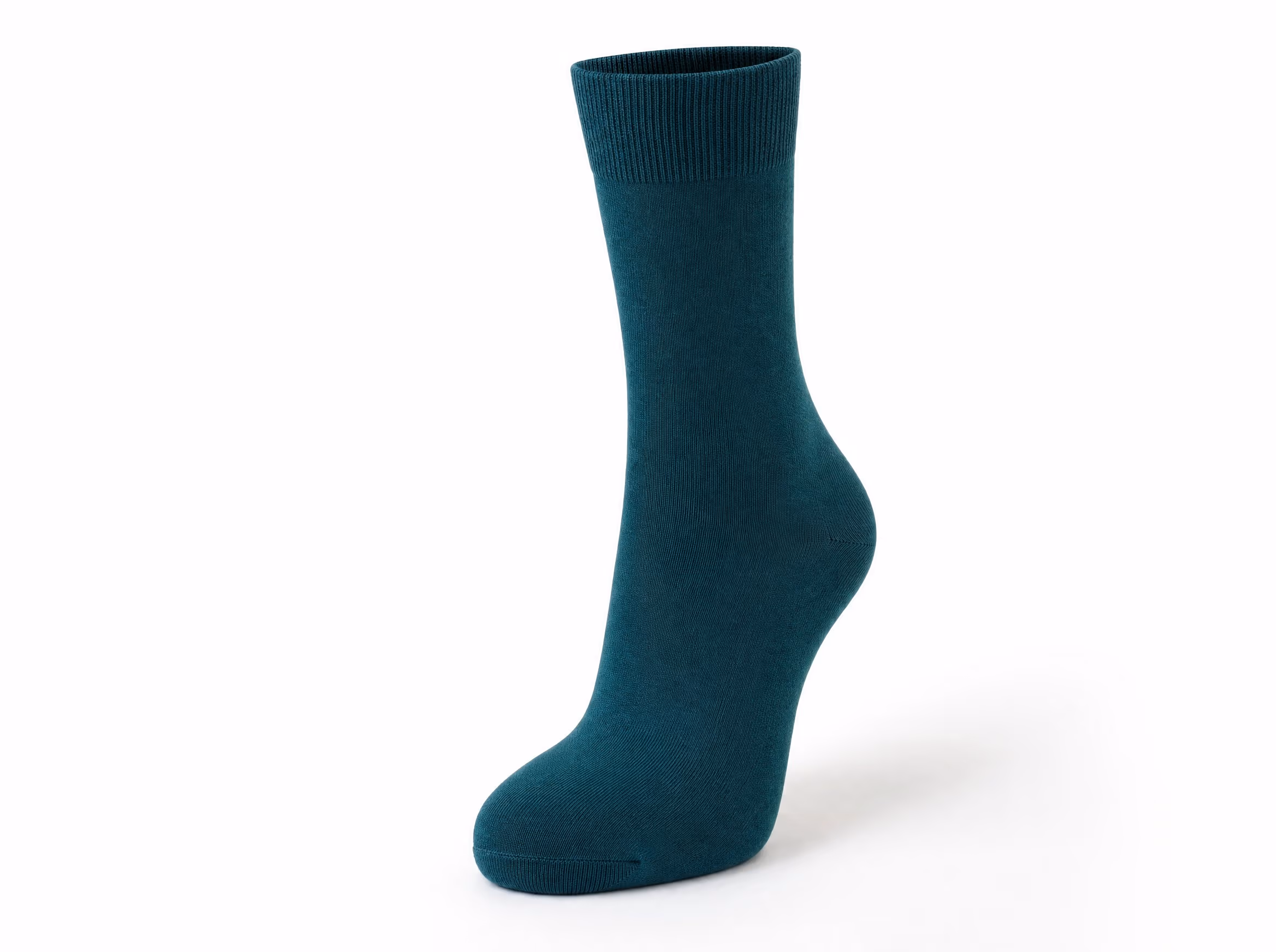 A single deep-teal mid-crew sock in a smooth combed-cotton knit, shown standalone on a white studio background