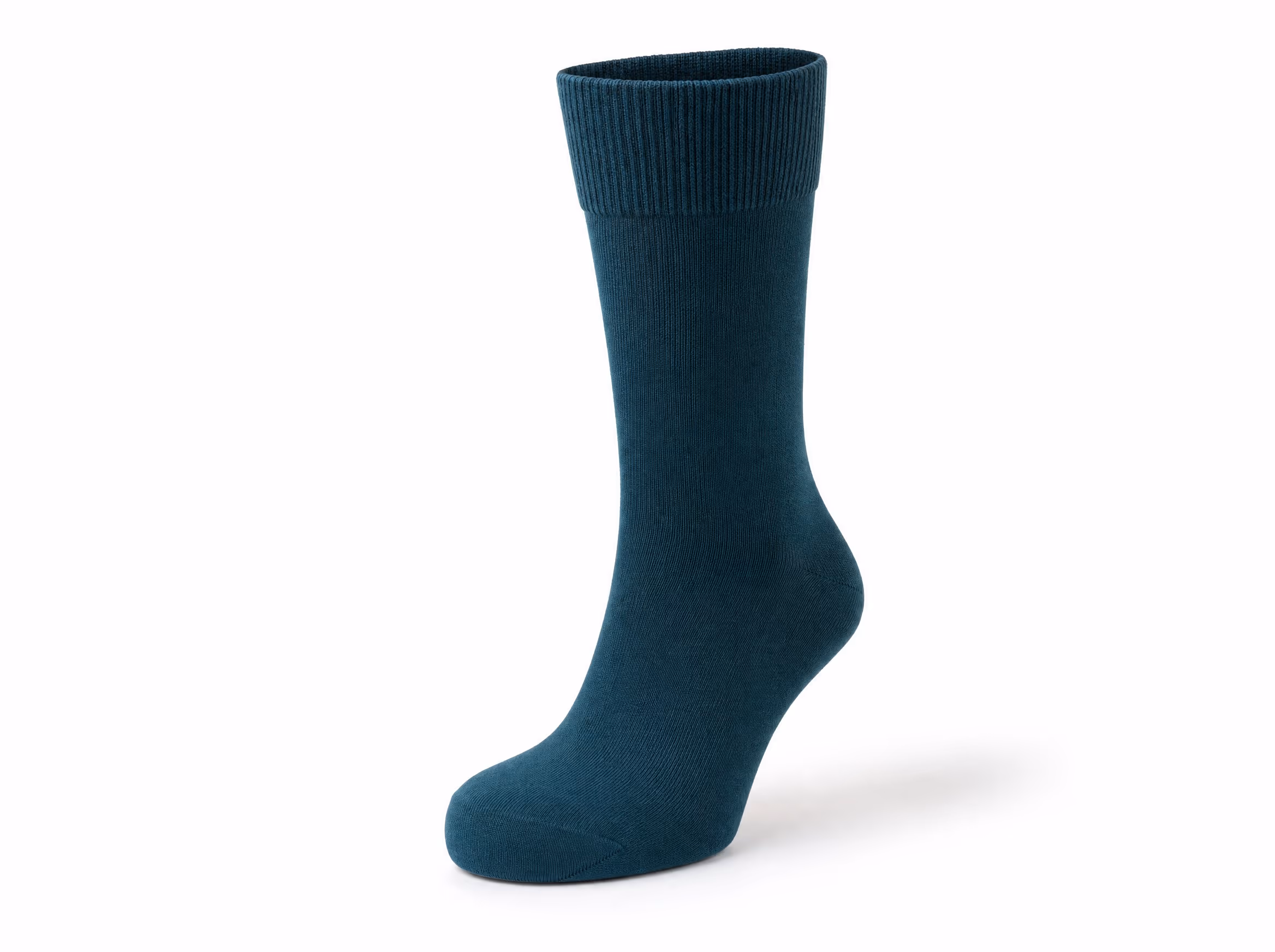A single deep-teal seamless diabetic crew sock with a soft non-binding ribbed cuff, shown standalone on a white studio background