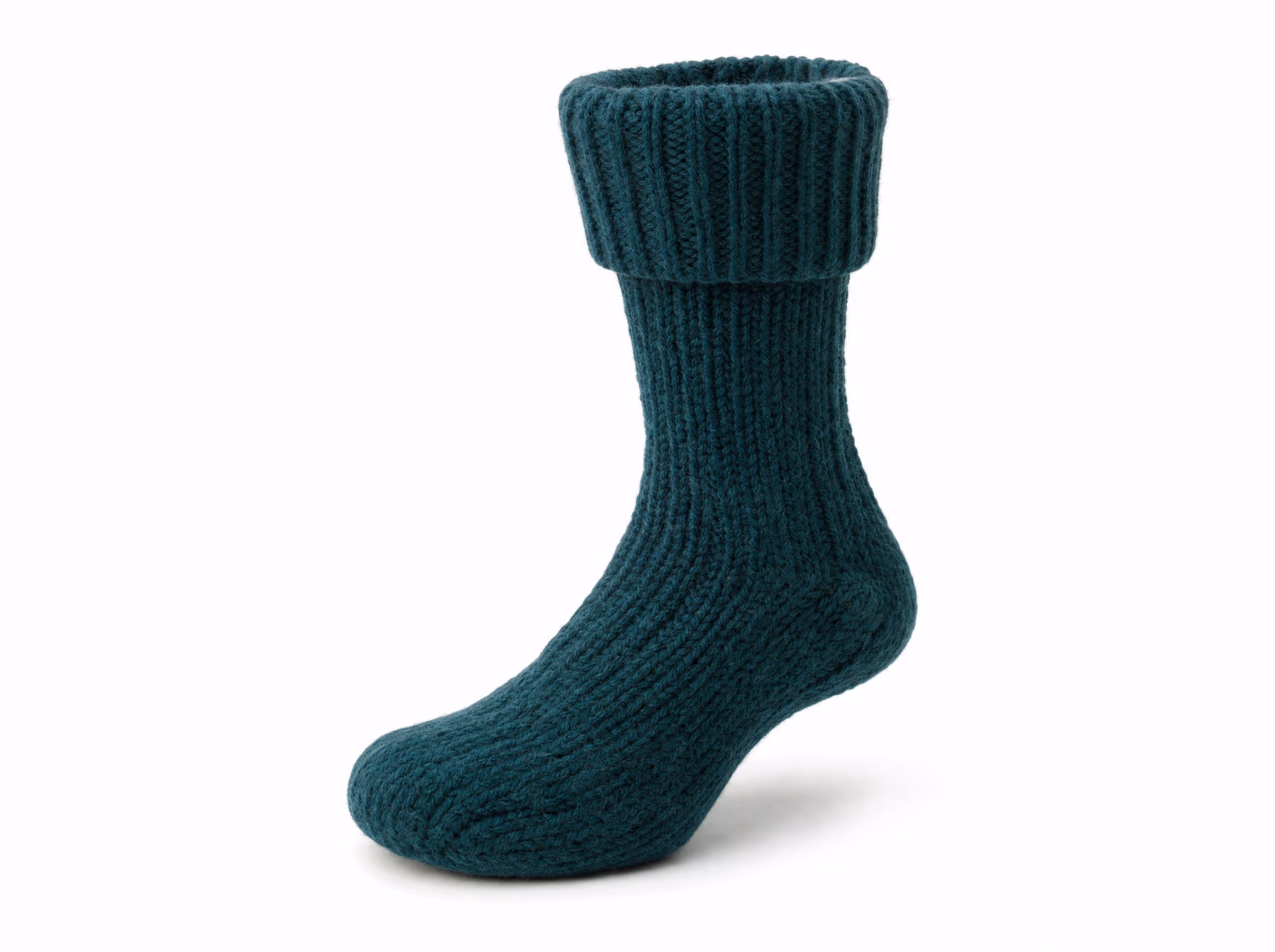 A single deep-teal crew sock in a plush merino-wool rib knit, shown standalone on a white studio background