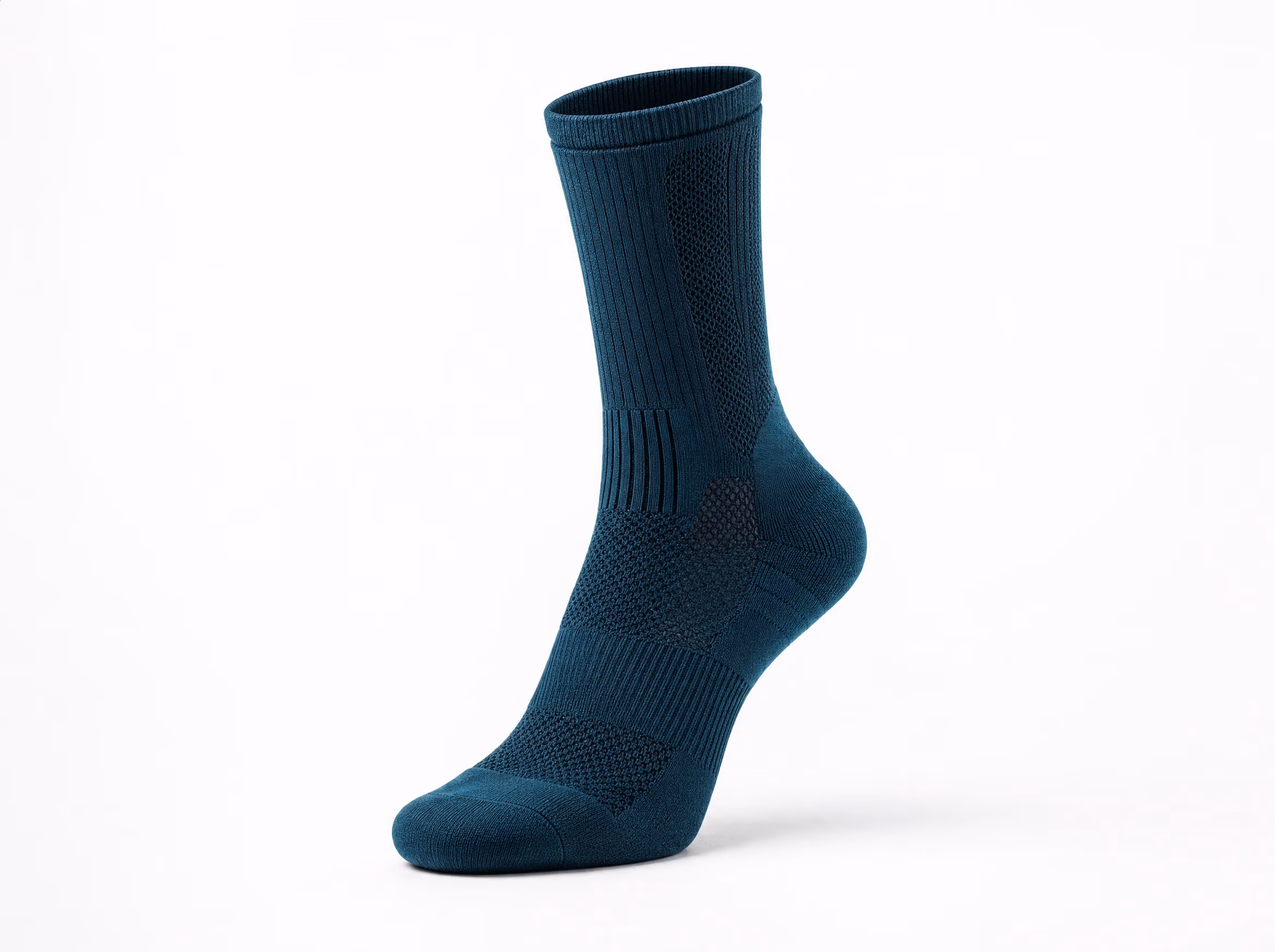 A single deep-teal technical performance sock with mesh ventilation panels, shown standalone on a white studio background
