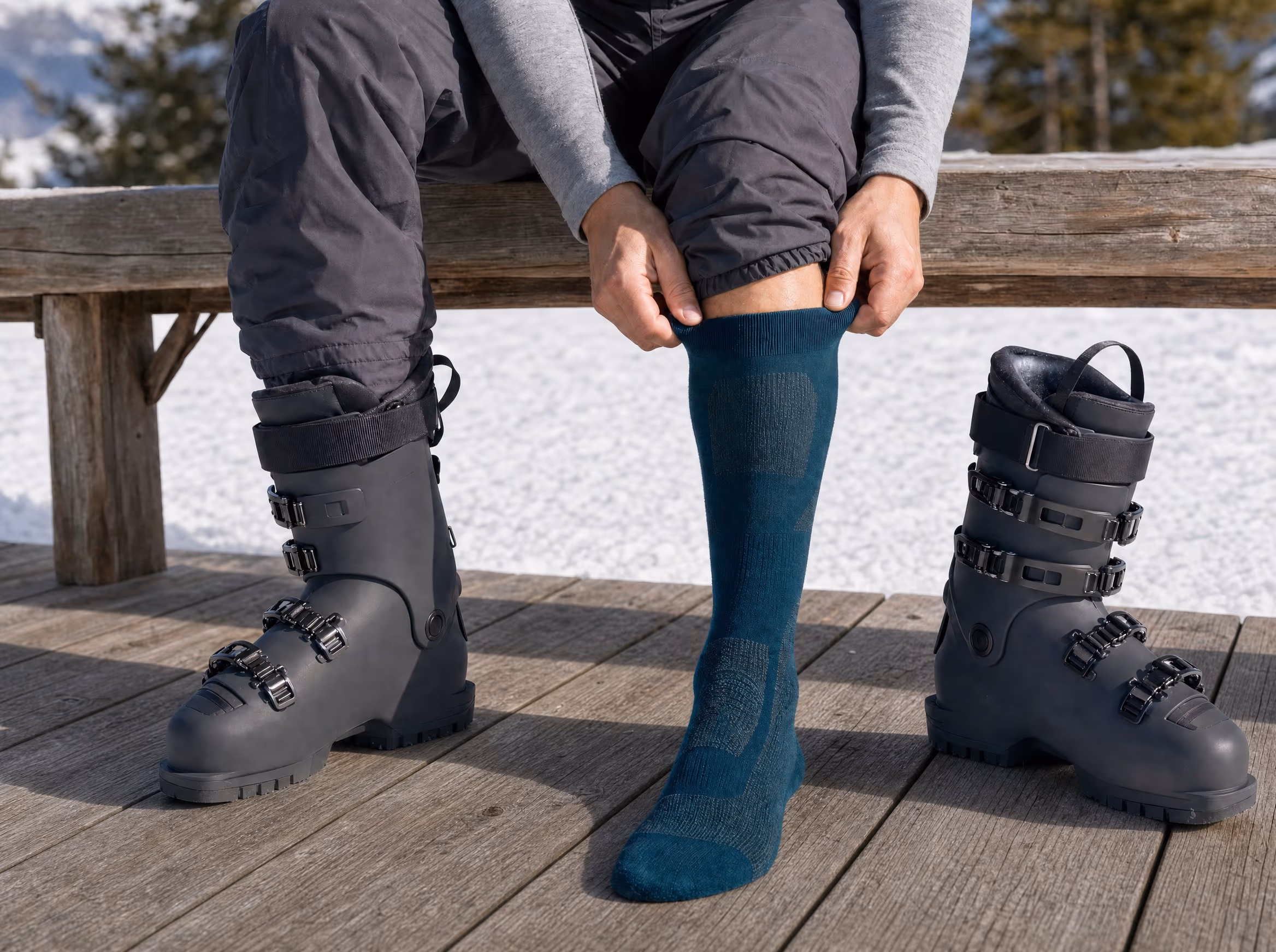 A skier on a wooden lodge deck pulling on a deep-teal over-the-calf ski sock, a pair of ski boots beside them and snow behind