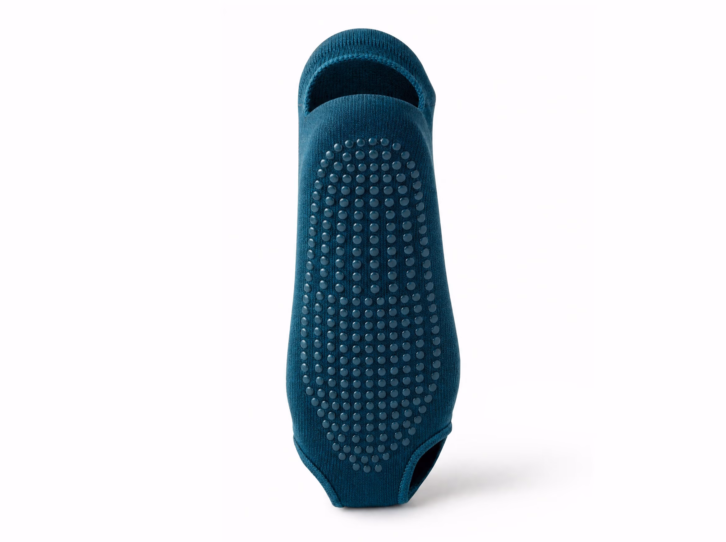 A single deep-teal open-toe yoga and Pilates grip sock shown sole-forward to reveal anti-slip grip dots, on a white studio background